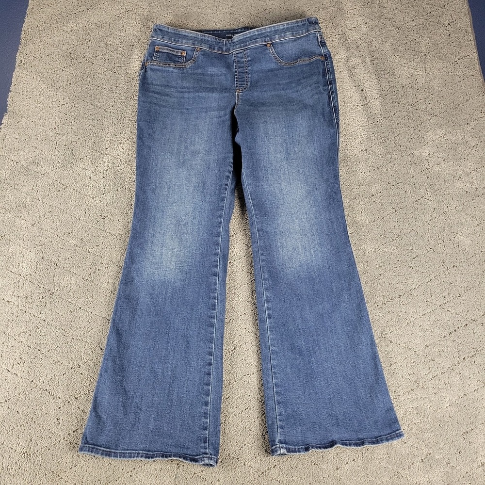 Chicos Jeans Womens 12 Blue Pull On Slim Boot Mid Rise Bootcut Stretch Denim